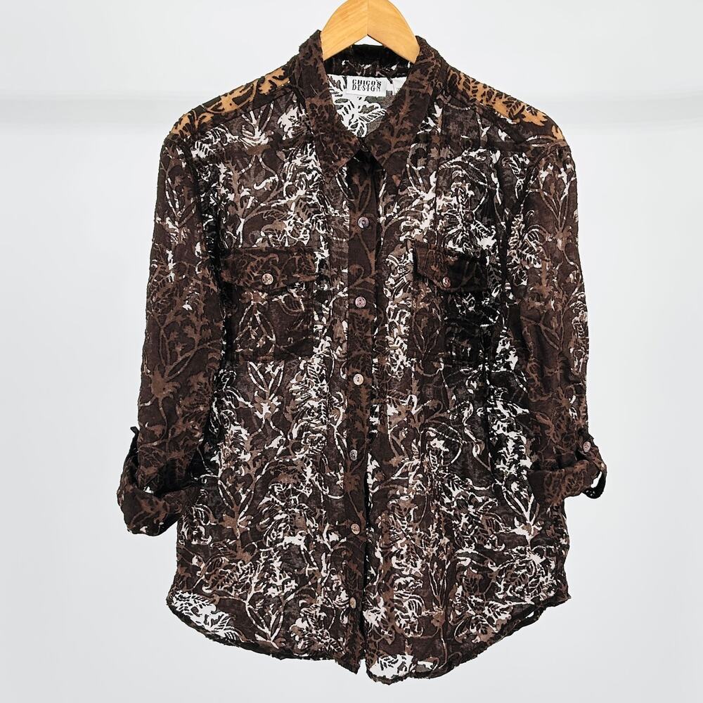 90s Chocolate Brown Sheer Burnout Floral Button Down Blouse Shacket